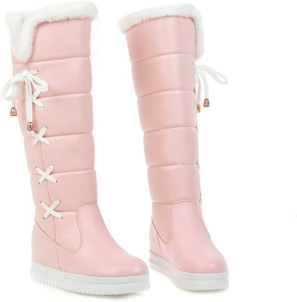 Women's Winter Warm Knee High Down Snow Boots Waterproof Cross-Tied Hidden Wedges Platform Boots