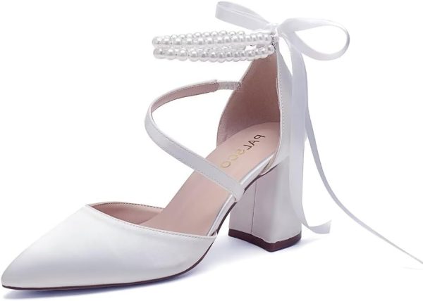 PALSCOU Block Heel Wedding Shoes for Bride Closed Toe Pearl Bridal Shoes Wedding Chunky Heels