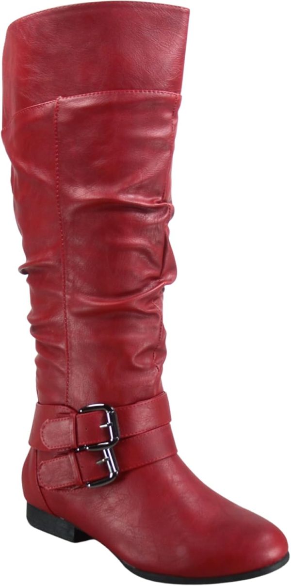 TZ Lily-20 Women's Knee High Riding Boots Low Flat Heel Winter Side Zip Buckles Boots Shoes