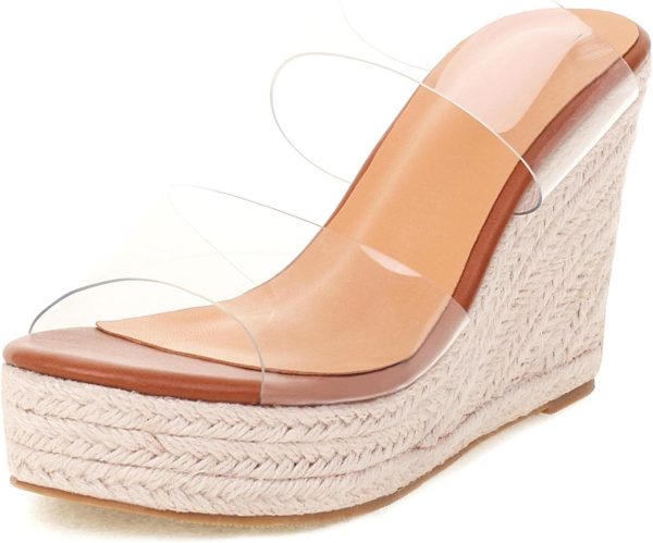 WIRALOMI Women Clear Wedge Heel Sandals Slip On Espadrilles Platform Sandals Slide Summer Beach Crystal Mules Sandals