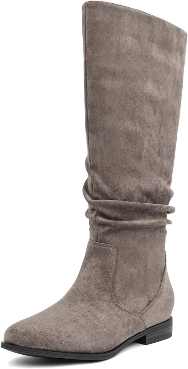 VJH confort Women's Knee-High Boots Comfortable Low Heel Almond Toe Wide Calf Side Zip Fall Winter Long Boots