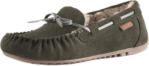 Parfeying Women's Sheepskin Moccasins Cow Suede Memory Foam Slippers Indoor Outdoor Shearling Winter Shoes