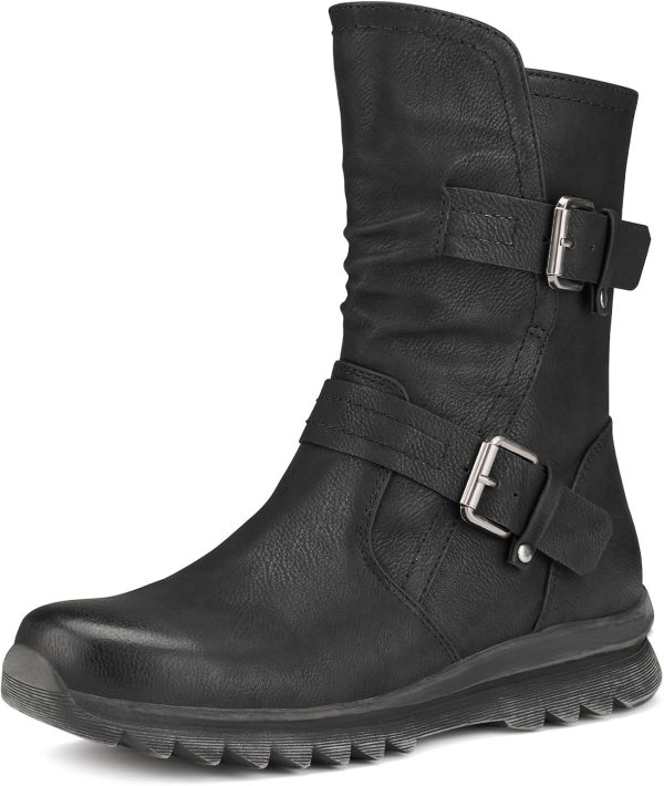 SUEDI Women's Biker Boots Motorcycle Boots Buckle Mid Calf Boots Low Heel Combat Riding Military Boots for Women