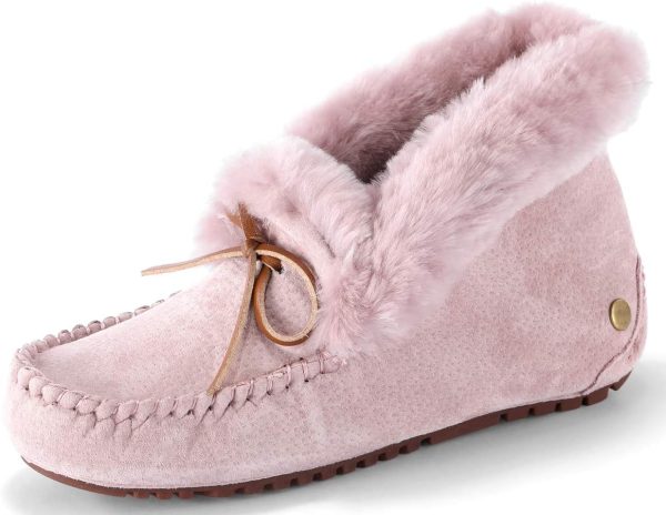 U-lite Women's Moccasin Slippers with Warm Wool Lining, Pigskin Leather Non-Slip Rubber Sole for Indoor and Outdoor Casual Winter Flat Shoes