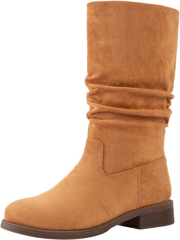 Shoe'N Tale Slouchy Mid Calf Flat Boots for Women Pull On Round Toe Side Zip Fall and Winter Fashion Comfortable Boots