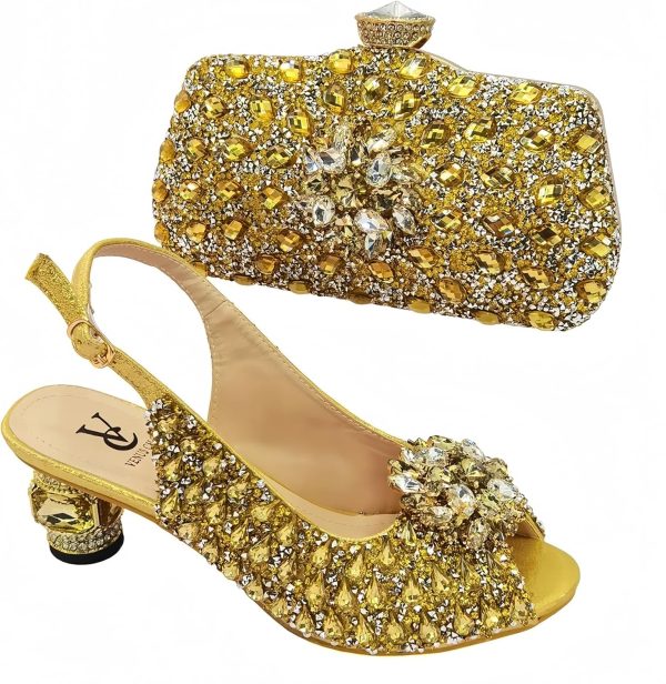 Qlujek Women Shoes and Bag Set for Evening Party Wedding Italian Style High Heels African Decorated with Rhinestone